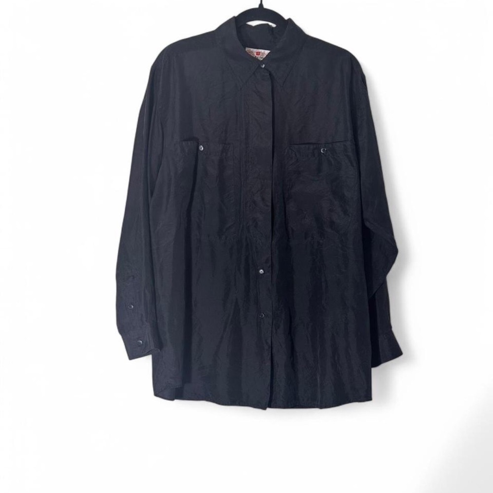 100% Silk Vintage Button down long sleeve shirt 1X black